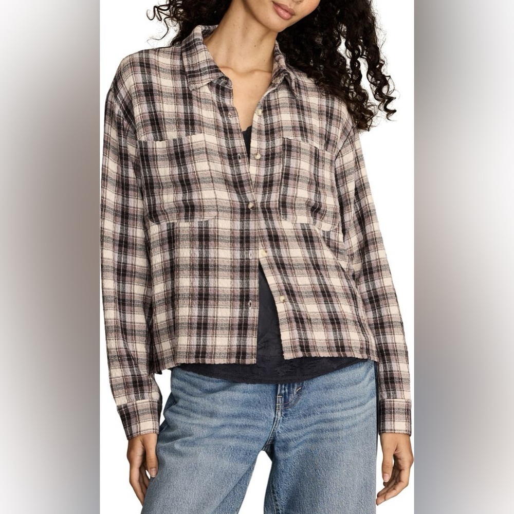 Lucky brand, button-down, boxy patch pocket cream, lilac plaid shirt L